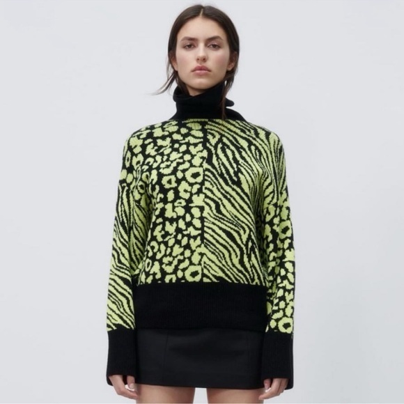 Zara Sweaters - Zara Neon Yellow and Black Animal Print Turtleneck Sweater